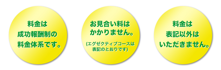 料金は成功報酬制の料金体系です。お見合い料はかかりません。(エグゼクティブコースは表記の通りです)料金は表記以外は頂きません。